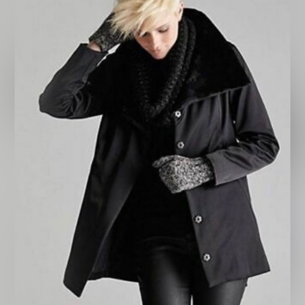 Eileen Fisher Bonded Fleece Jacket Faux Fur Lined Black Size M Funnel Neck